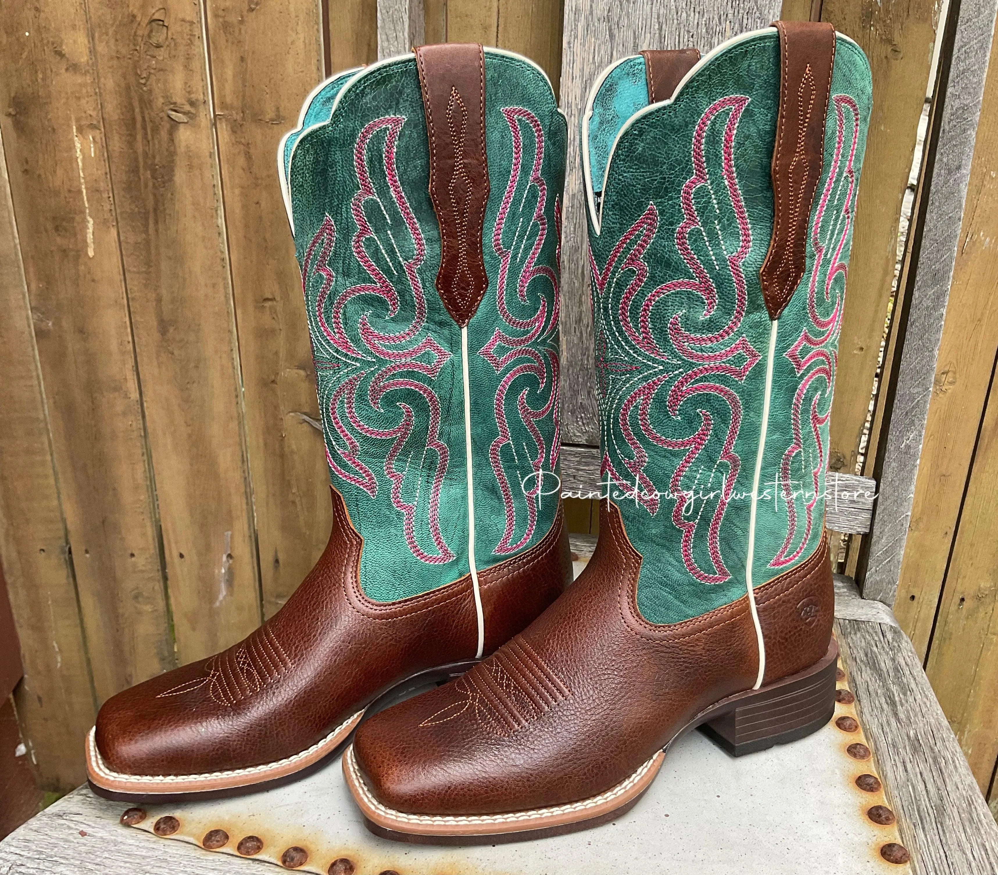 Ariat Women's Primera StretchFit Brown & Teal Square Toe Cowgirl Boots 10038303