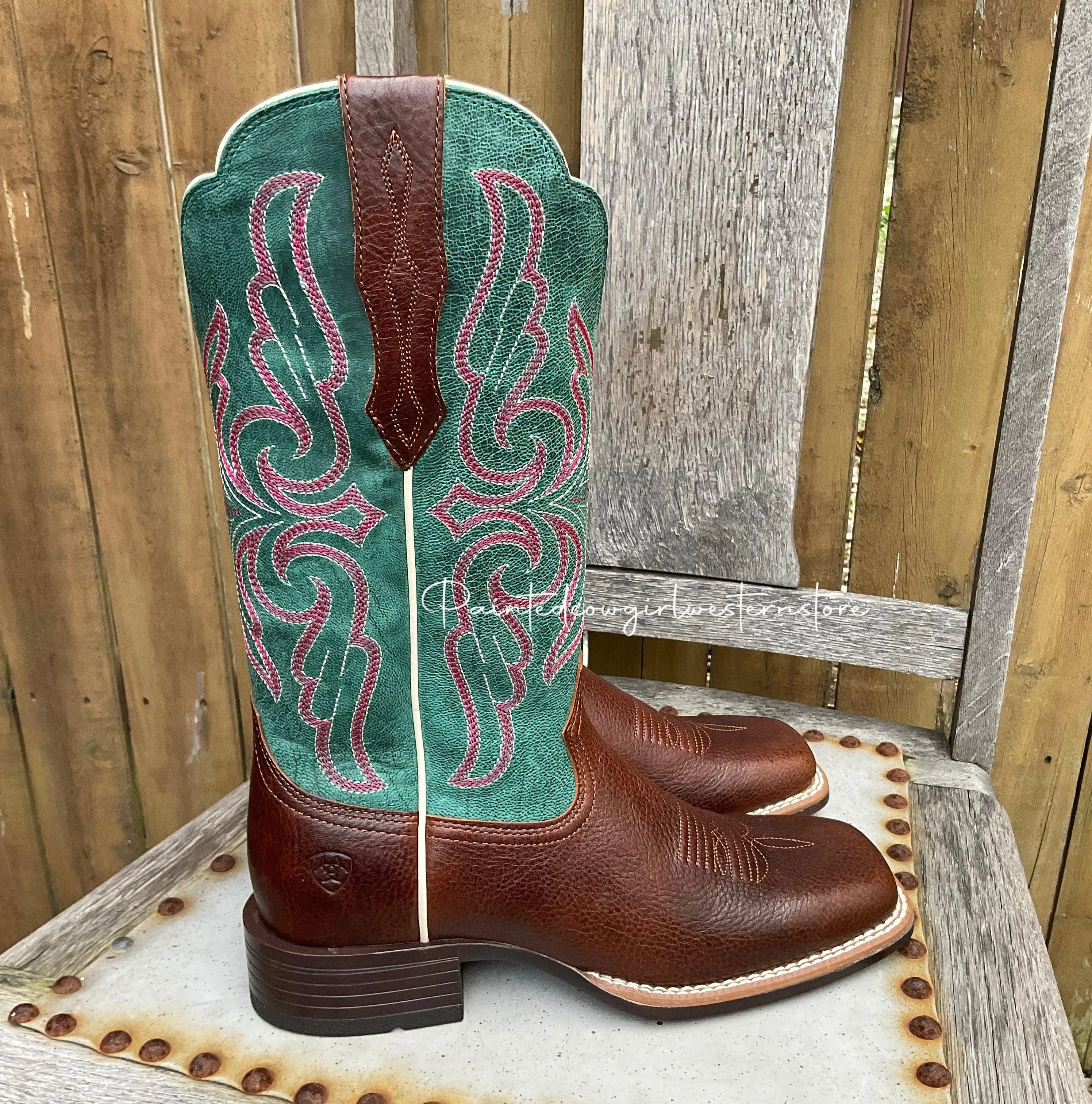 Ariat Women's Primera StretchFit Brown & Teal Square Toe Cowgirl Boots 10038303