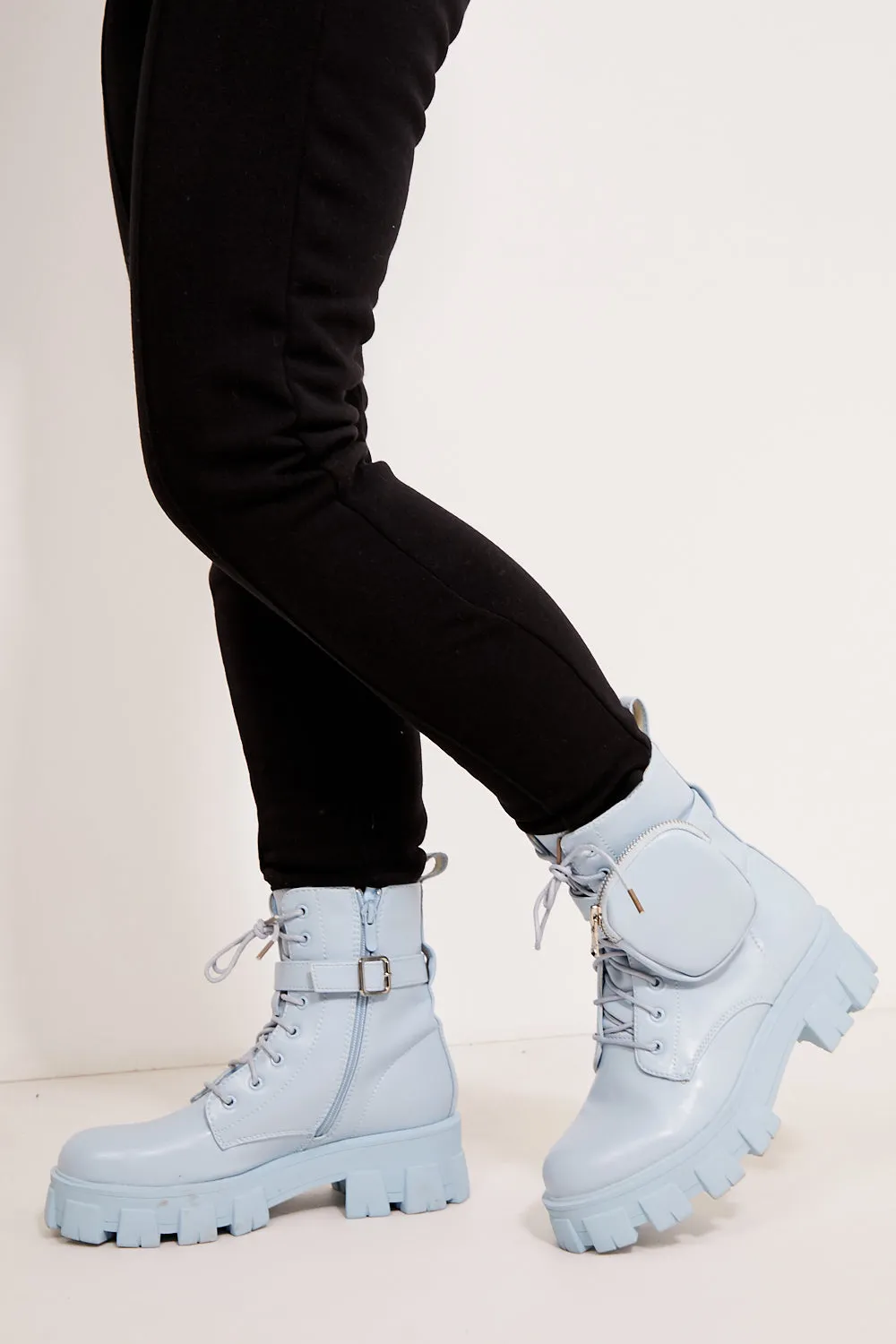 Baby Blue Chunky Pocket Detail Ankle Boots