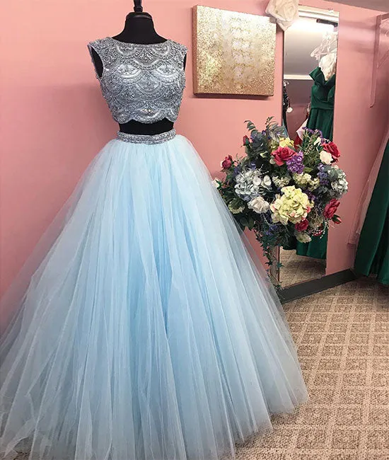 Blue beads tulle long prom dress, blue evening dress