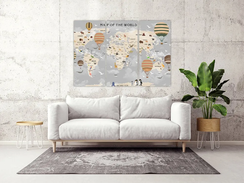 Boy nursery wall art, Children's world map wall art paintings on canvas, home wall decor, canvas painting, multi panel wall art extra large