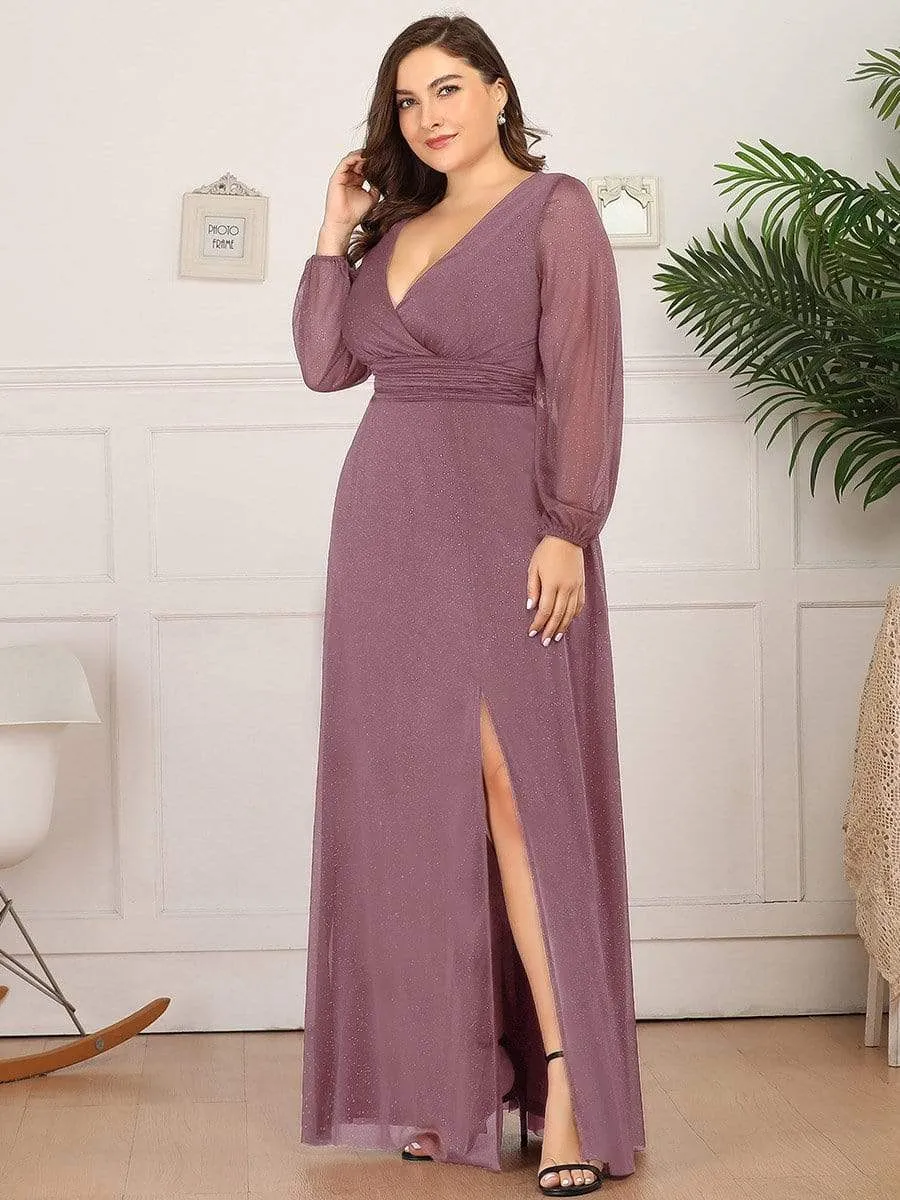 Custom Size Long Sleeve Side Split V-Neck Glittery Evening Dress