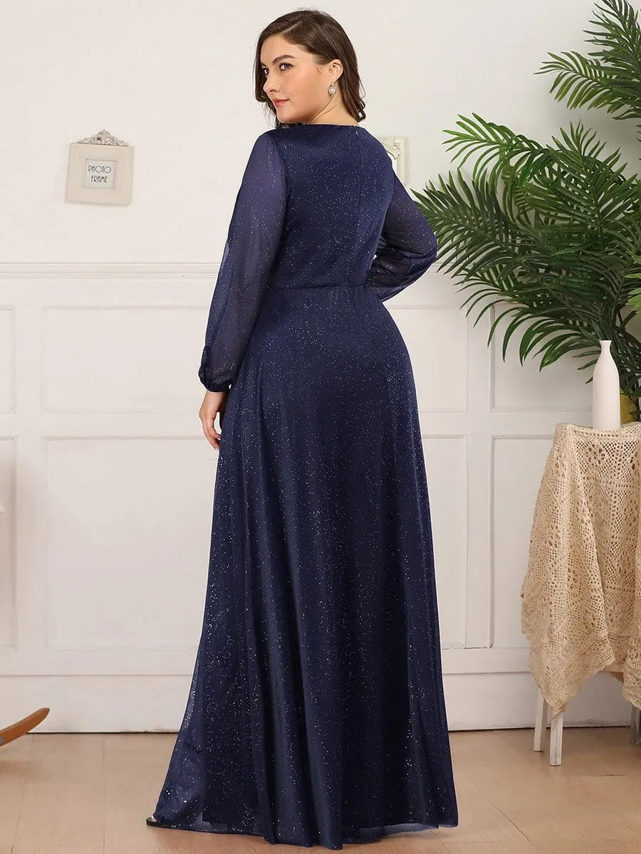 Custom Size Long Sleeve Side Split V-Neck Glittery Evening Dress