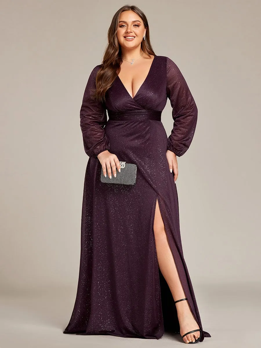 Custom Size Long Sleeve Side Split V-Neck Glittery Evening Dress