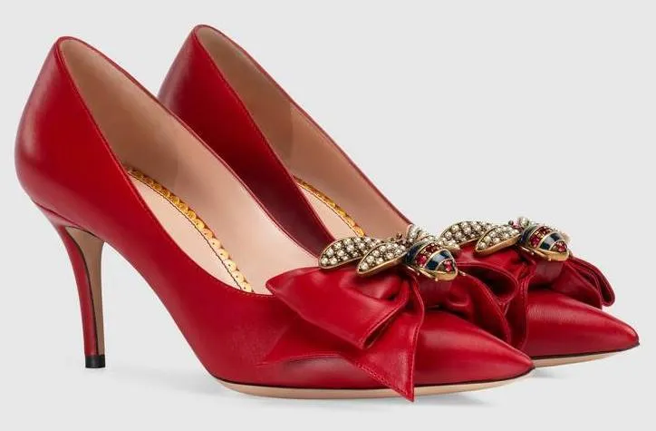 Leather Mid-Heel Pump with Bow - Black, Red, White