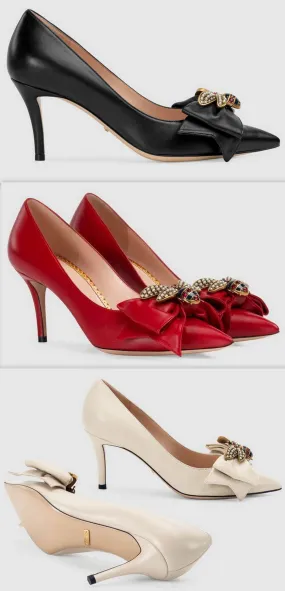 Leather Mid-Heel Pump with Bow - Black, Red, White